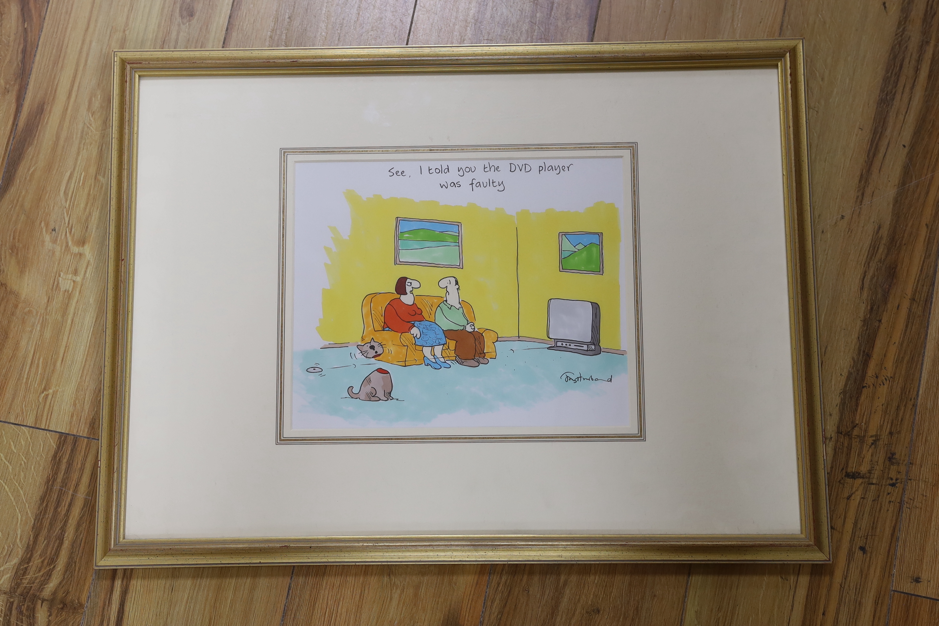 Tony Husband (b.1950), pen, ink and coloured pen, 'See I told you the DVD player was faulty', signed, Chris Beetles label verso, 23 x 28cm